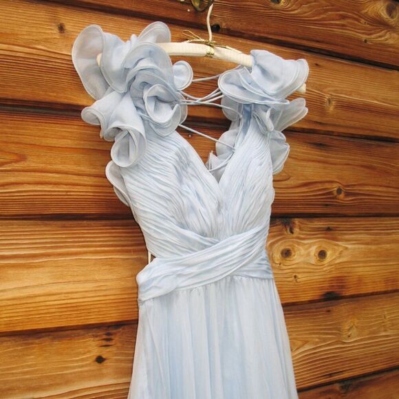 NWT Mac Duggal 67911 Ruffled Tiered Cut Out Chiffon Gown Dress Blue 2 - Picture 9 of 15